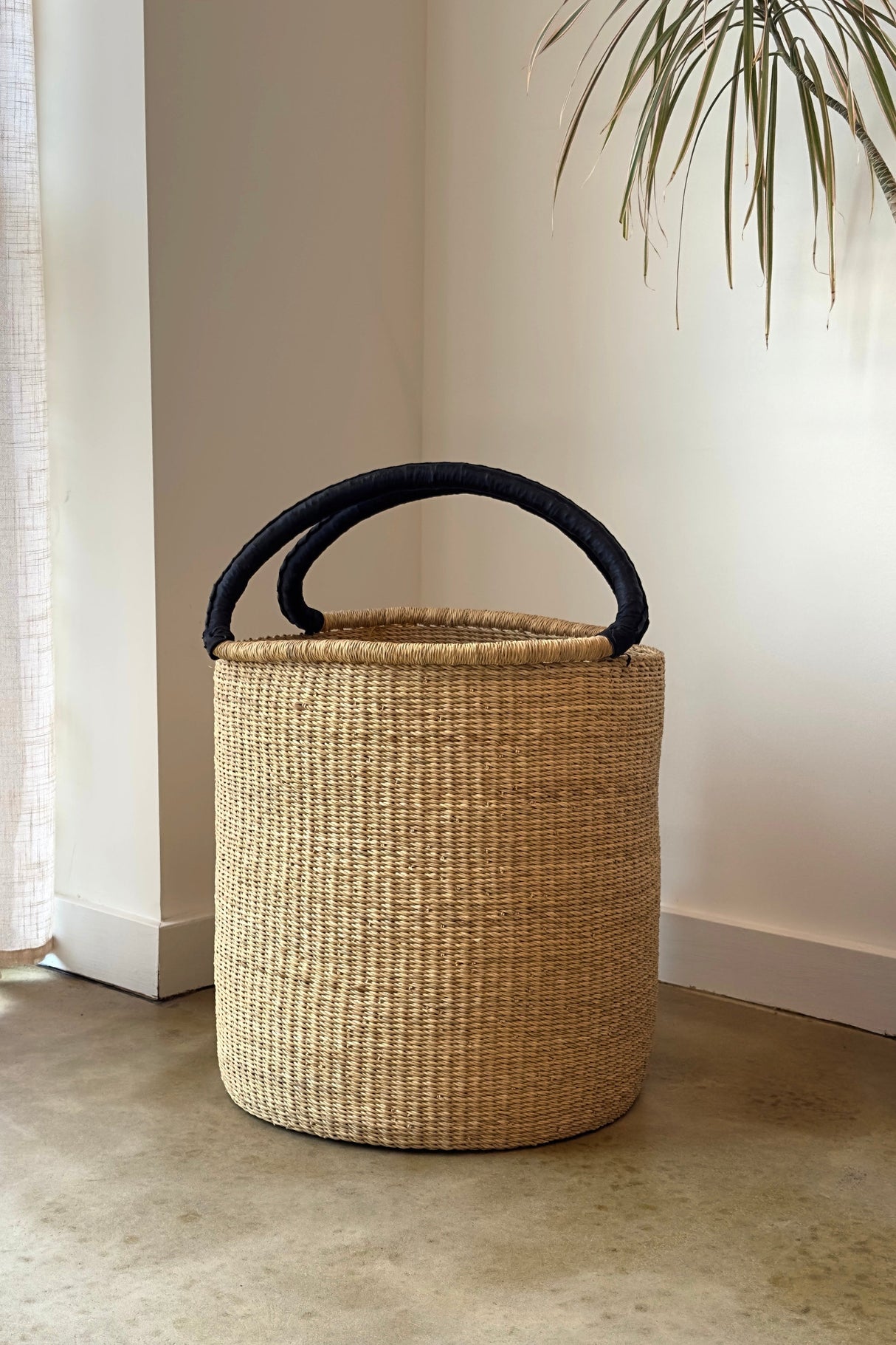 Handwoven Double Weave Hamper Basket with Black Leather Handles
