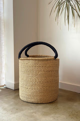 Handwoven Double Weave Hamper Basket with Black Leather Handles