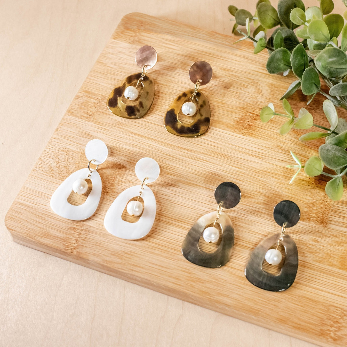 Earrings, Jewelry - Mother of Pearl Hollow Earrings with Pearl - White | LIKHÂ - LIKHÂ