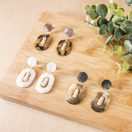 Earrings, Jewelry - Mother of Pearl Oval Dangle Earrings - Brown Tiger | LIKHÂ - LIKHÂ