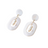 Pair of earrings with white circular pendants and pearl-like beads on a white background