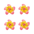 Four pink and yellow hibiscus napkin rings on a white background