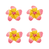 Four pink and yellow hibiscus napkin rings on a white background