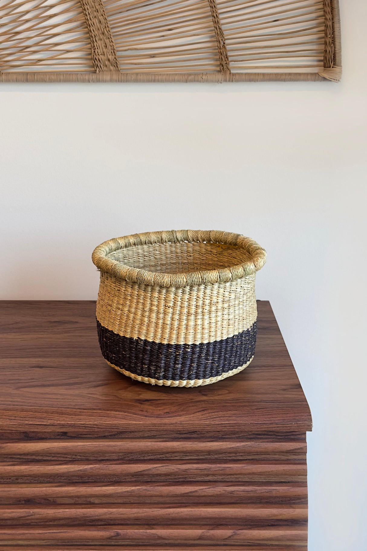 Handwoven Natural and Black Planter Basket