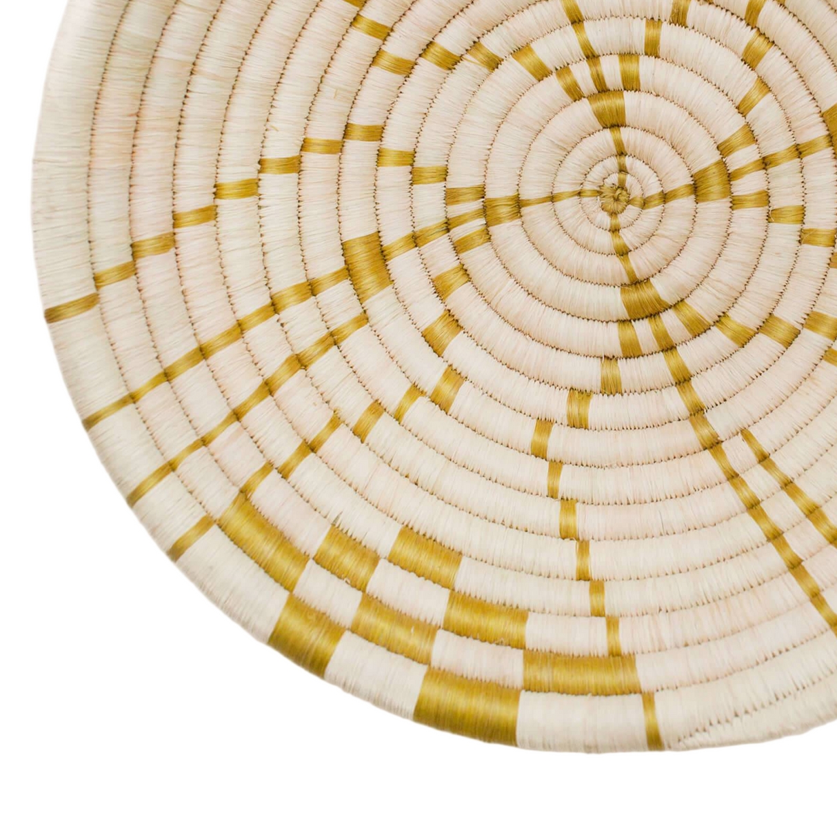 Woven basket with concentric circle pattern on a white background