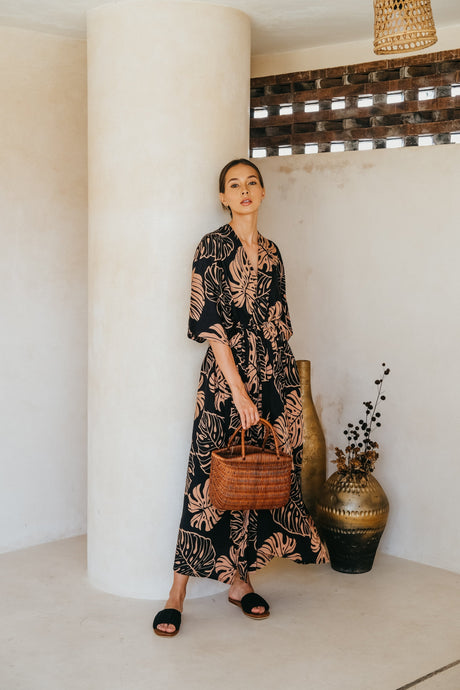 Tropical Palm Leaf Kimono in Black - Sumiye Co