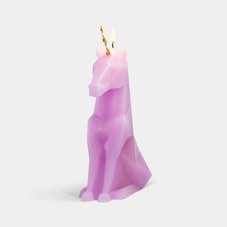 Purple candle with a wick on a white background