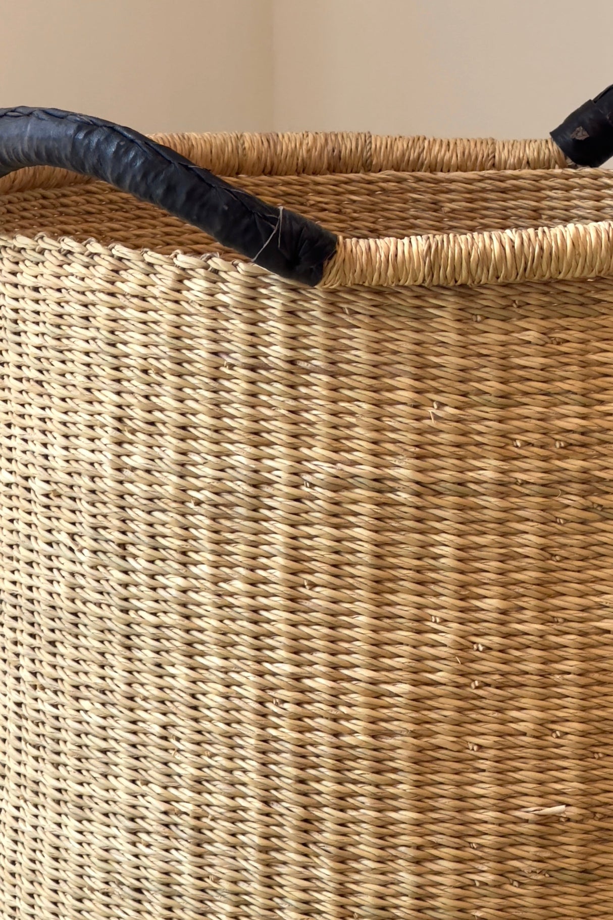 Handwoven Double Weave Pot Basket with Black Leather Handles