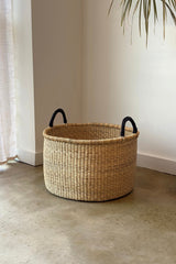 S/3 Handwoven Short Hampers with Leather Handles - Natural - Sumiye Co