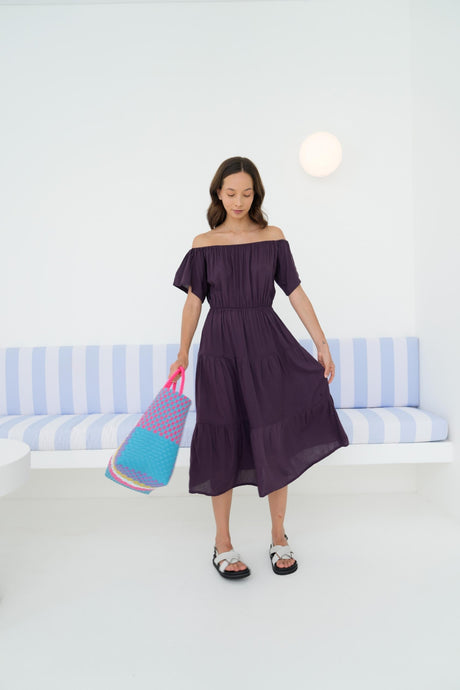 Regina Off-the-shoulder Midi Dress in Eggplant - Sumiye Co