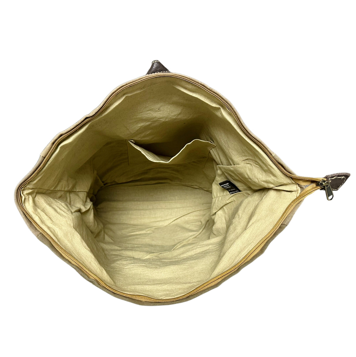 Open beige bag showing interior on a white background