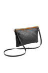 Black woven handbag with a strap on a white background