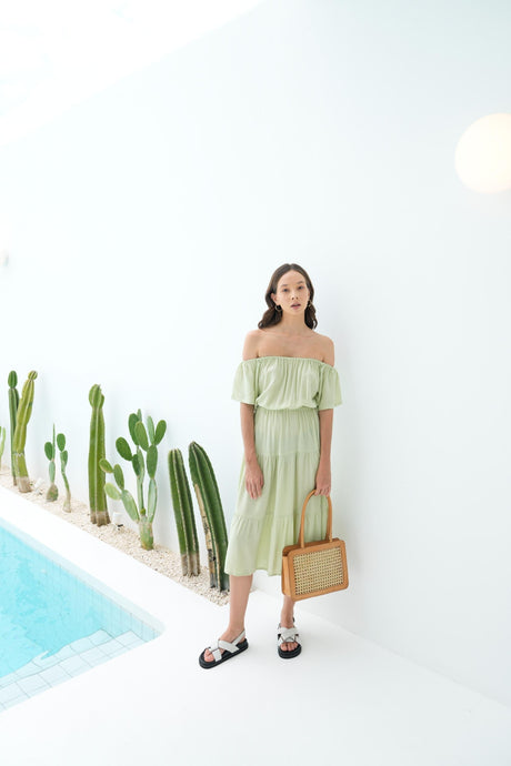 Regina Off-the-shoulder Midi Dress in Pistachio - Sumiye Co