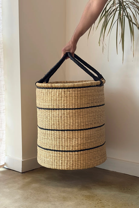 Natural w/ Black Horizontal Stripe Laundry Hamper - Sumiye Co