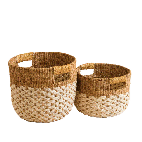 Two woven baskets with a natural brown and beige color scheme on a white background.