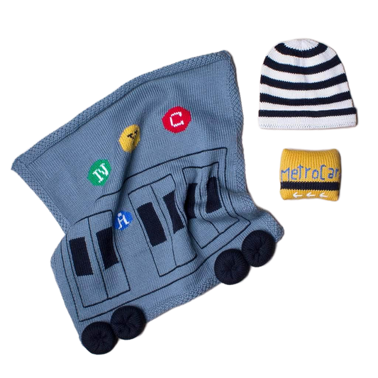 Organic Baby Gift Set - Newborn Security Blanket, Rattle Toy & Hat | New York MTA Train & Metro Card
