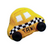 Knitted toy shaped like a taxi cab on a white background