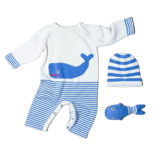 Organic Baby Gift Set - Handmade Newborn Long Romper, Hat & Rattle Toy | Whale