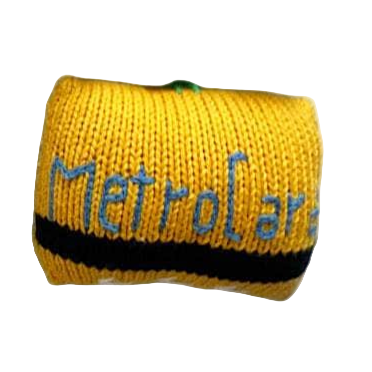 Yellow knitted item with 'MetroCar' text on a white background