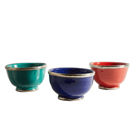 Moroccan Glazed Bowls Berber Silver Trim- Set of 3 (5" x 5" x 3") - Sumiye Co