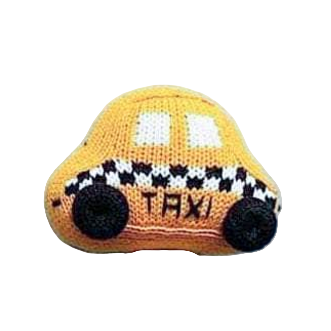 Knitted toy shaped like a taxi cab on a white background