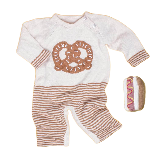 Organic Baby Gift Sets, Handmade Romper with Pretzel Graphic & Hot Dog Rattle Toy