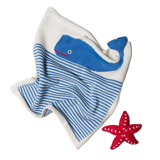 Organic Baby Gift Set - Newborn Security Blanket & Rattle Toy | Whale & Starfish by Estella