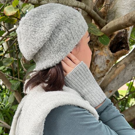 Gray Knit Alpaca Beanie & Fingerless Gloves