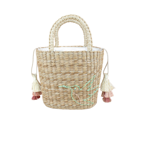 Mini Modern Straw Tote with Embroidered Hummingbird - Woven Tote Bag - Sumiye Co