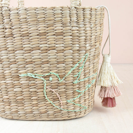 Handbags - Mini Modern Straw Tote with Embroidered Hummingbird - Woven Tote Bag | LIKHA - LIKHÂ