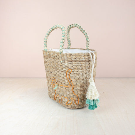 Handbags - Mini Tote Bag with Embroidered Cat - Straw Tote | LIKHA - LIKHÂ