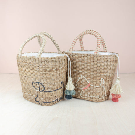Handbags - Mini Woven Tote Bag with Embroidered Dachshund - Straw Tote | LIKHA - LIKHÂ