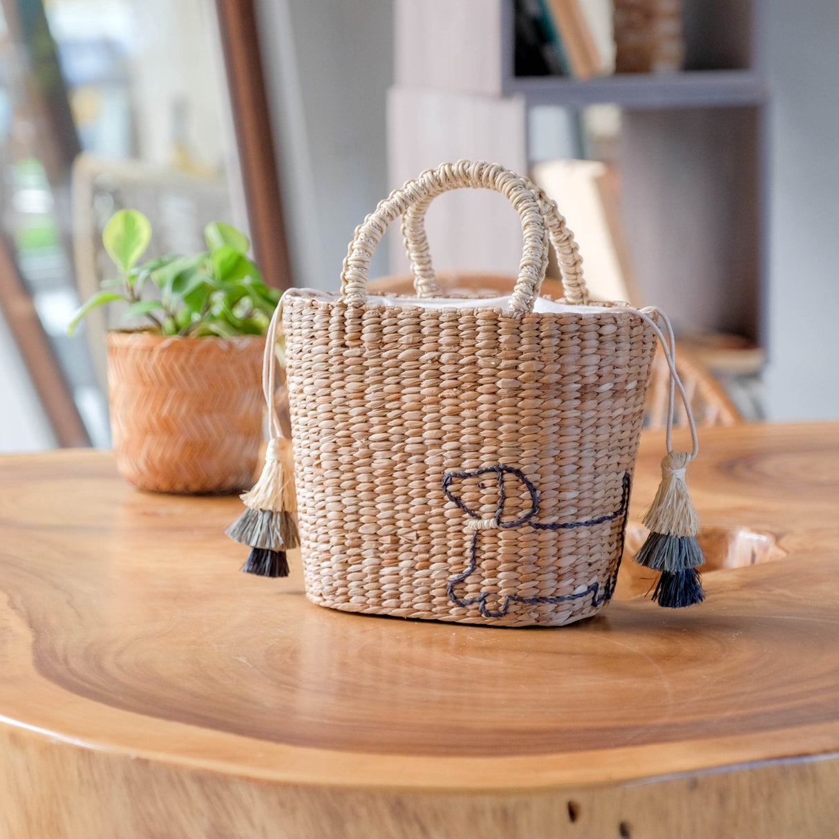 Handbags - Mini Woven Tote Bag with Embroidered Dachshund - Straw Tote | LIKHA - LIKHÂ