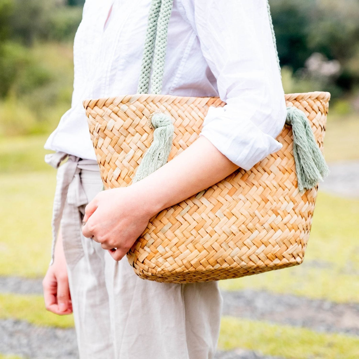 Handbags - Sage Seagrass Tote Bag with Wrapped Handles - Market Tote | LIKHA - LIKHÂ