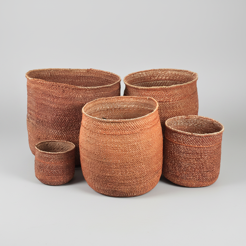 Set of woven brown baskets of various sizes on a white background