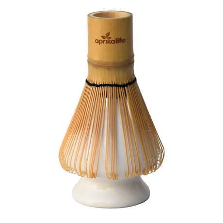 Bamboo whisk with white base on a white background, branded 'aprilife'.