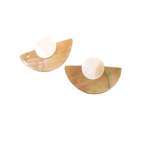 Pair of gold and white earrings on a white background