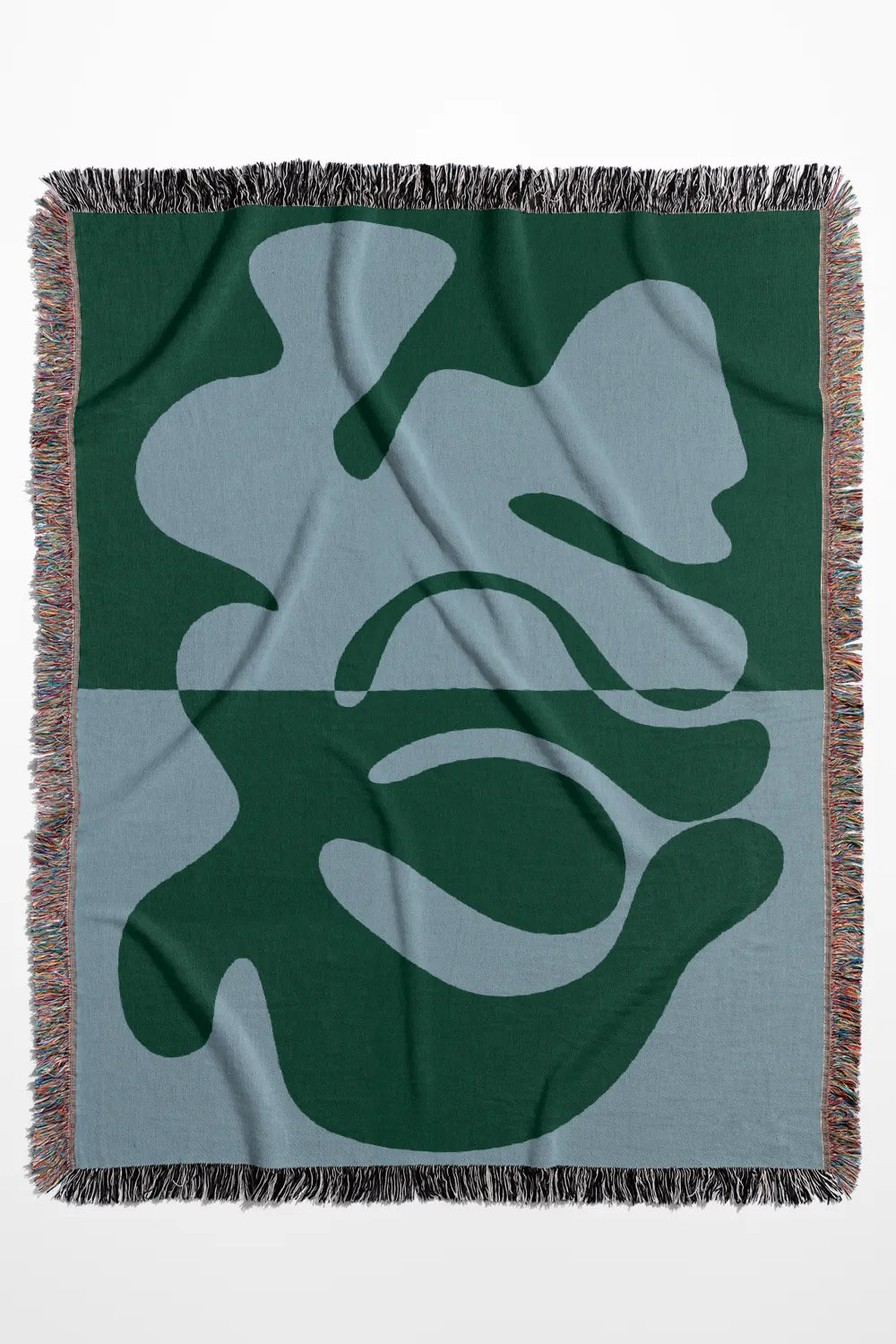Blue and Green Organic Fusion Cotton Woven Throw Blanket showcasing a two-tone abstract design with organic shapes.