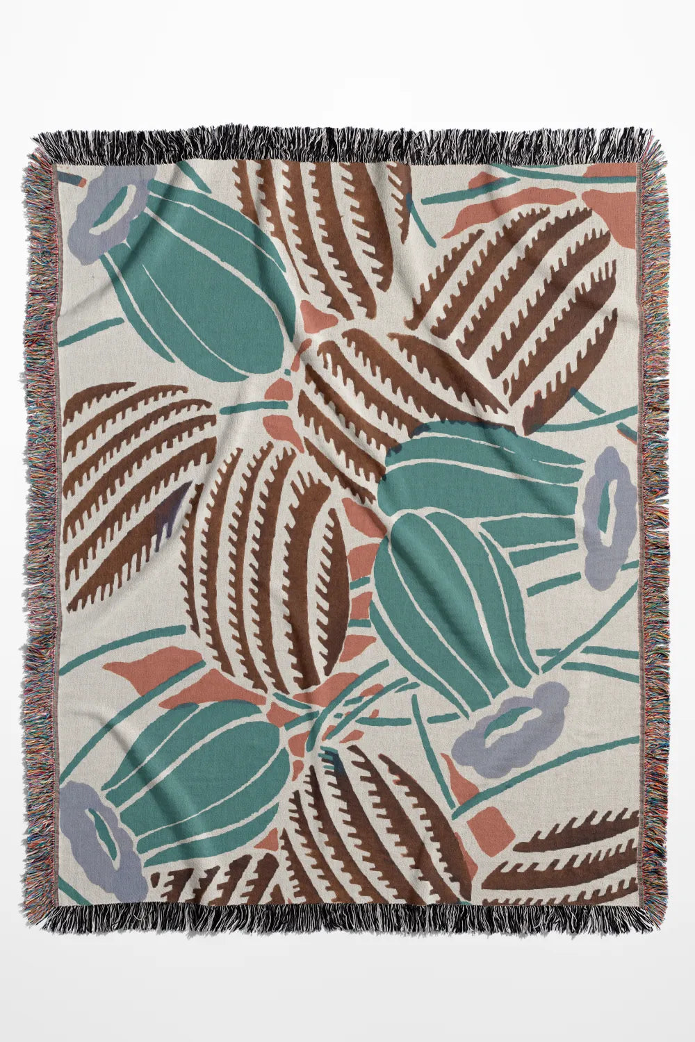 Desert-inspired woven throw blanket with cactus and floral patterns in earthy green, brown, and beige.
