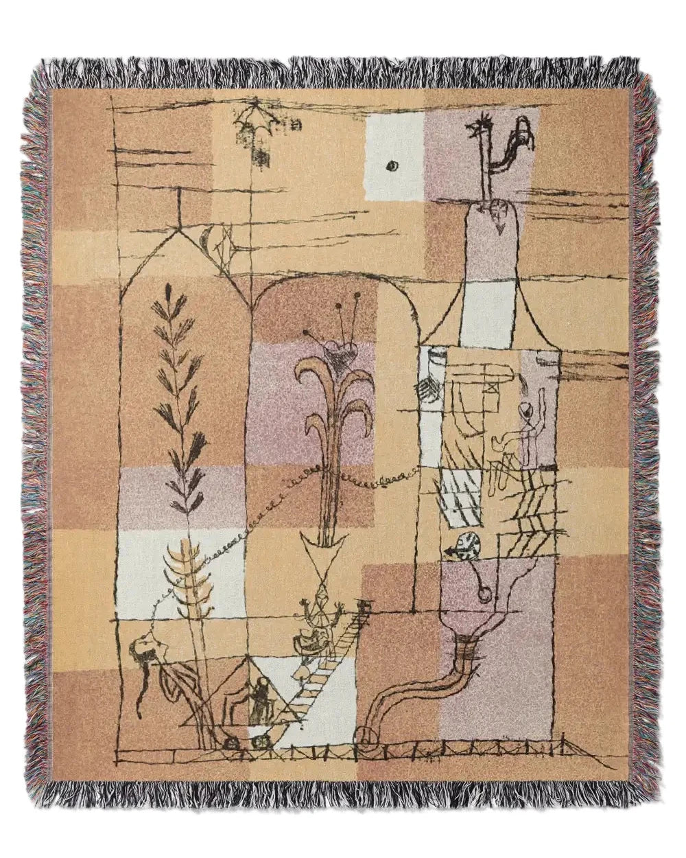 Golden yellow and burnt orange tapestry throw blanket with artistic detailing and colorful fringe.
