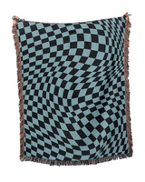 Checkered blanket with a black and blue pattern on a white background