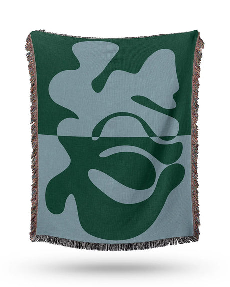 Blue and Green Organic Fusion Cotton Woven Throw Blanket showcasing a two-tone abstract design with organic shapes.