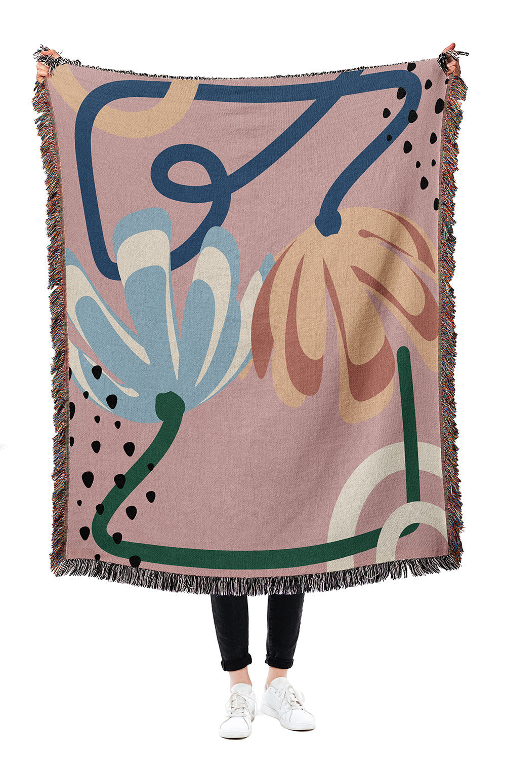 Modern pink tapestry throw blanket with botanical elements and a soft, breathable texture.
