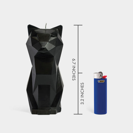 Black cat-shaped candle with dimensions and a lighter for scale on a white background
