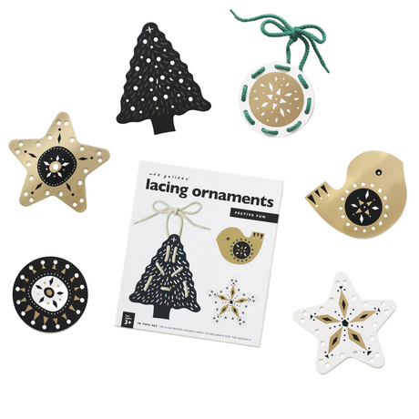 Set of lacing ornaments including a star, tree, and bird design with packaging on a white background.