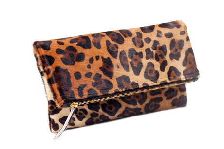 Leopard Print Leather Fold over Clutch  | Ethically Sourced Hides - Sumiye Co