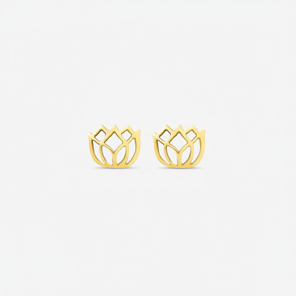 Gold lotus flower earrings on a white background