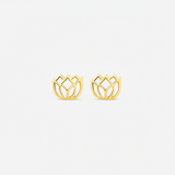 Gold lotus flower earrings on a white background