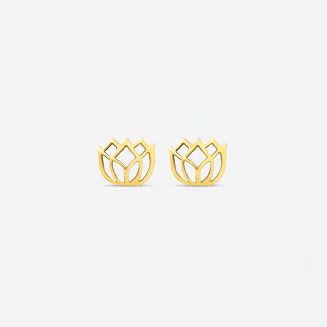 Gold lotus flower earrings on a white background