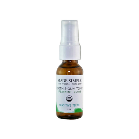 Bottle of Made Simple tooth and gum tonic on a white background